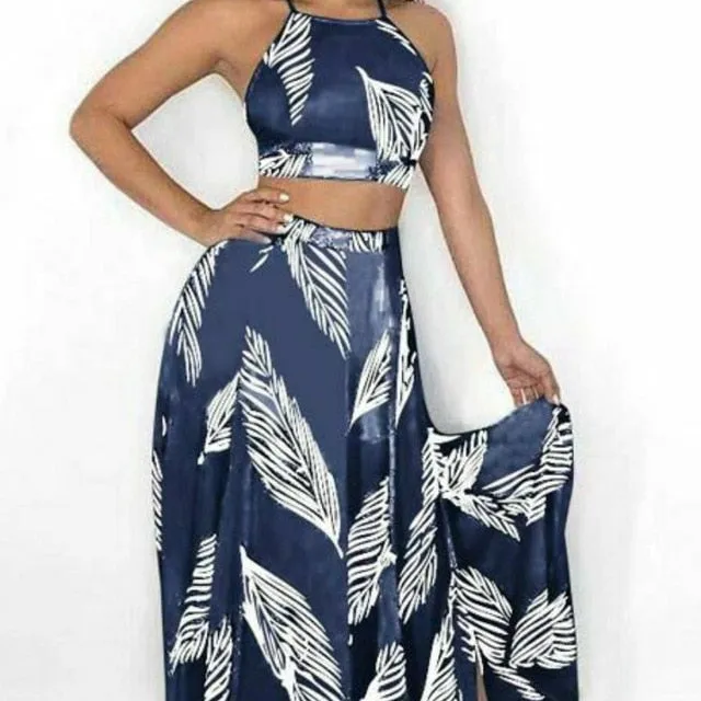 2 Piece Sexy Halter Leaves High Waist Skirt Set