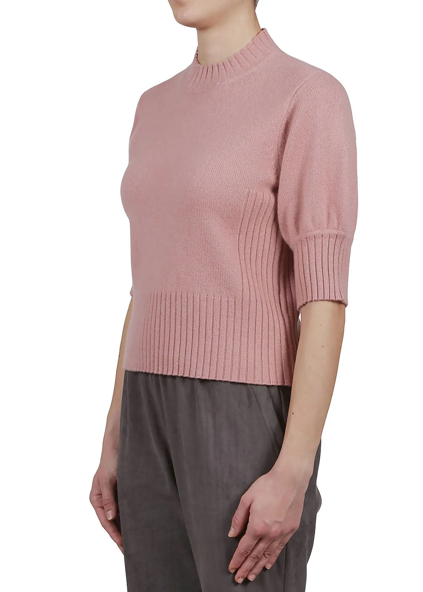 Crew Neck Cashmere Sweater Elbow Length Sleeves - Navy
