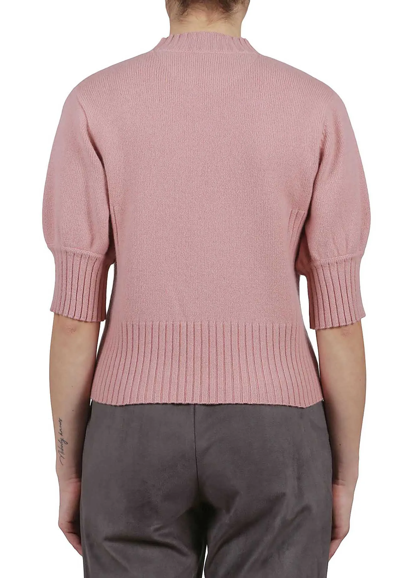Crew Neck Cashmere Sweater Elbow Length Sleeves - Navy
