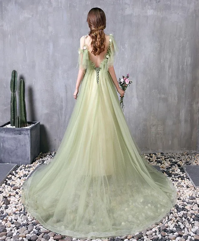 Green Tulle Lace Long Prom Dress Green Evening Dress SH317
